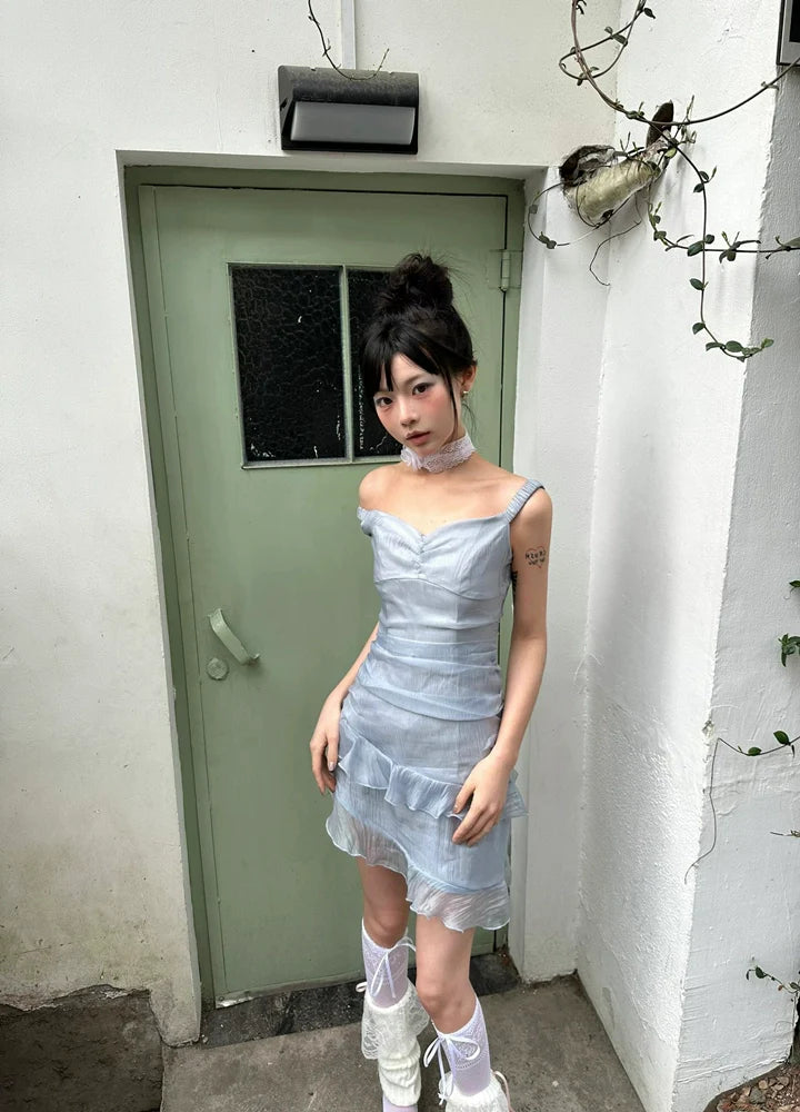 Soft Vibe Sheer Satin Off-The-Shoulder Ruffled Asymmetrical Hot Girl Summer Mini Dress