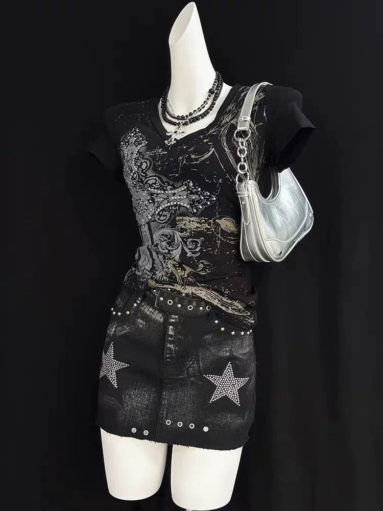Black Subculture Gothic Rock Punk Y2K E-girl Print V-neck Waist-Cinched Short Sleeve Top