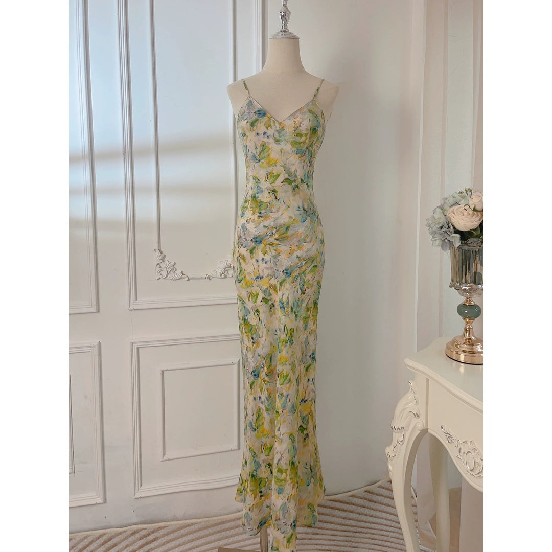 Artist’s Oil Paint Modern Chinese Floral Spaghetti Strap Gown Dress