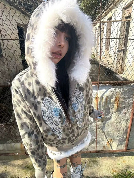 Y2K Leopard Fur Collar Cropped Hoodie Top