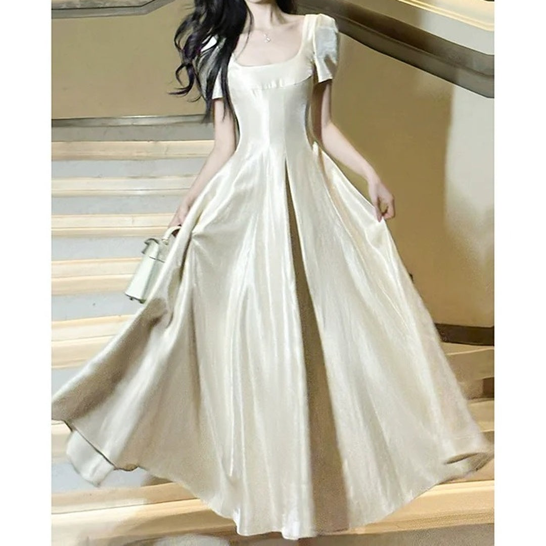 French Retro Square Neck Satin Gown Dress – Hepburn Style Engagement Dress