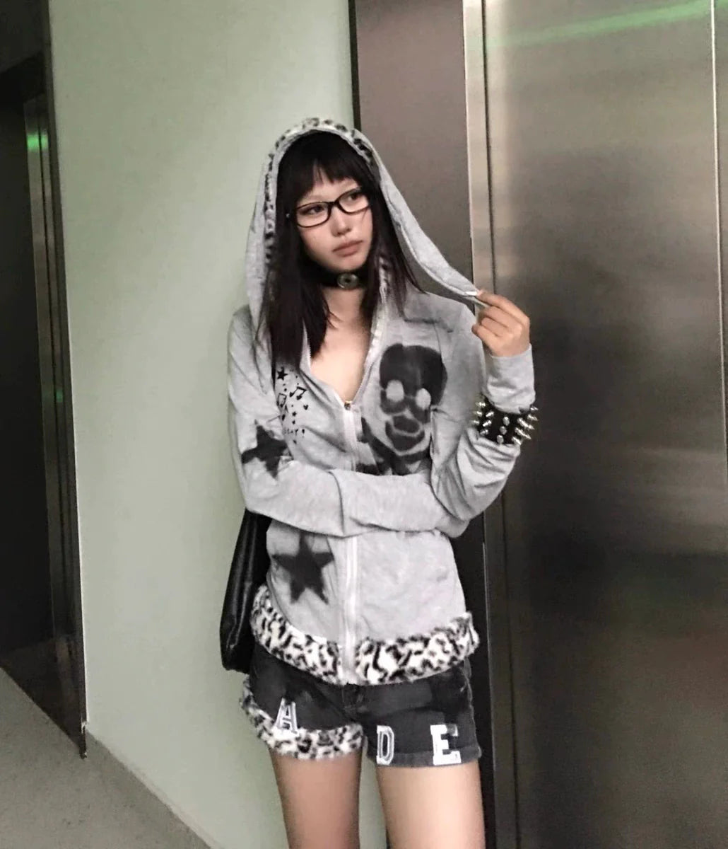 Gray Remake Hoodie Jacket Subculture Punk Y2K E-girl Bunny Ear Skull & Leopard Star Autumn/Winter Jacket