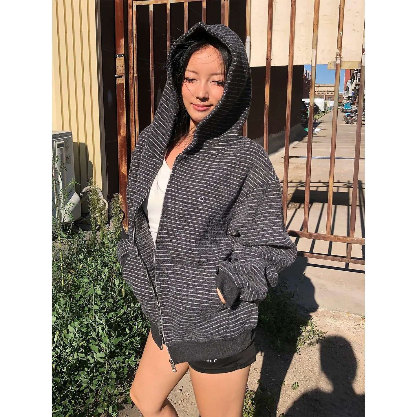 Retro Striped Zip Up Hoodie Wool Blend Oversized Top