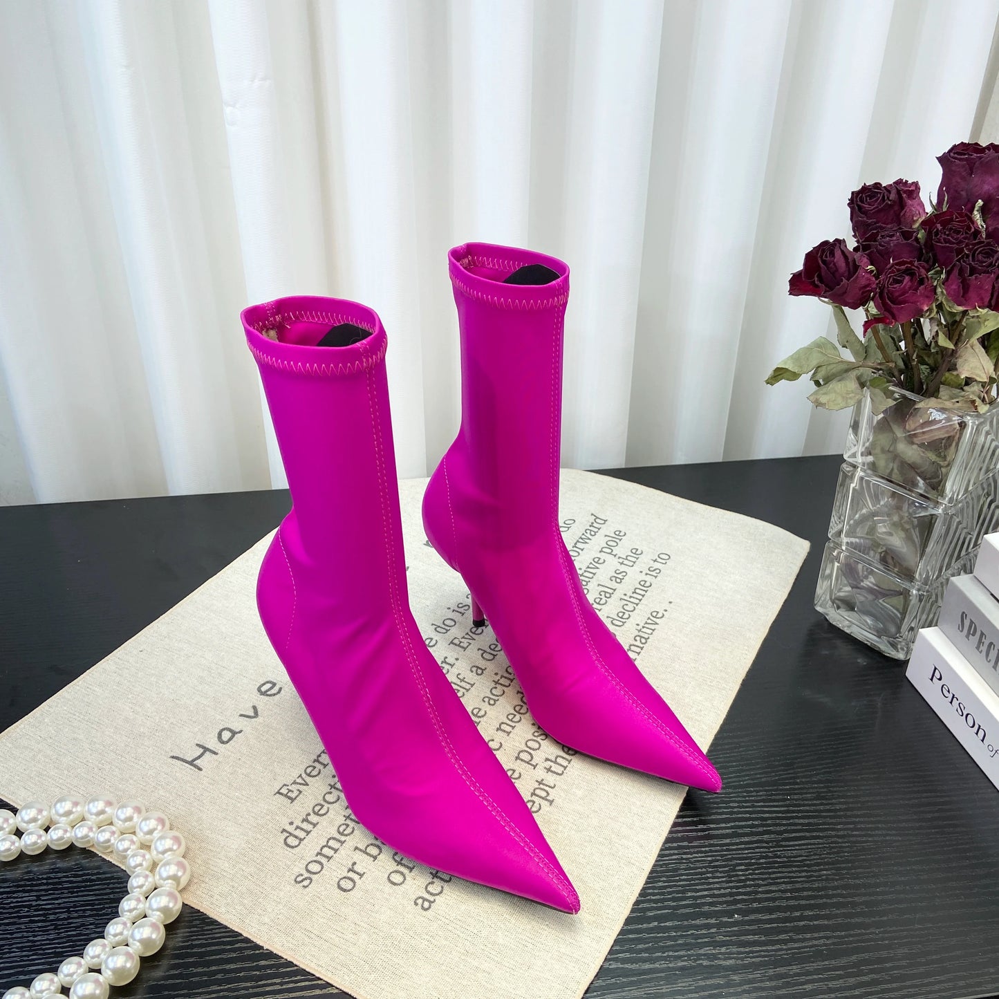 European Sexy High Heel Slim Boots Spring Autumn Colorful Mid Calf Sock Boots Pointed Toe Thin Heel Stretchy Boots Women
