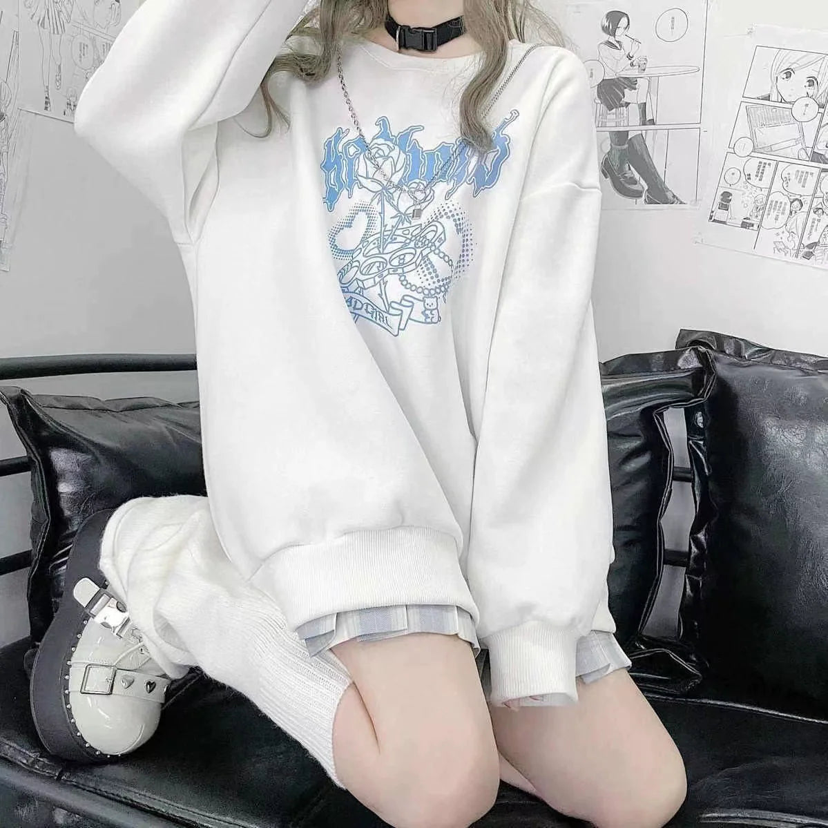 Black Y2K Harajuku Anime Terry-Cloth Hoodie