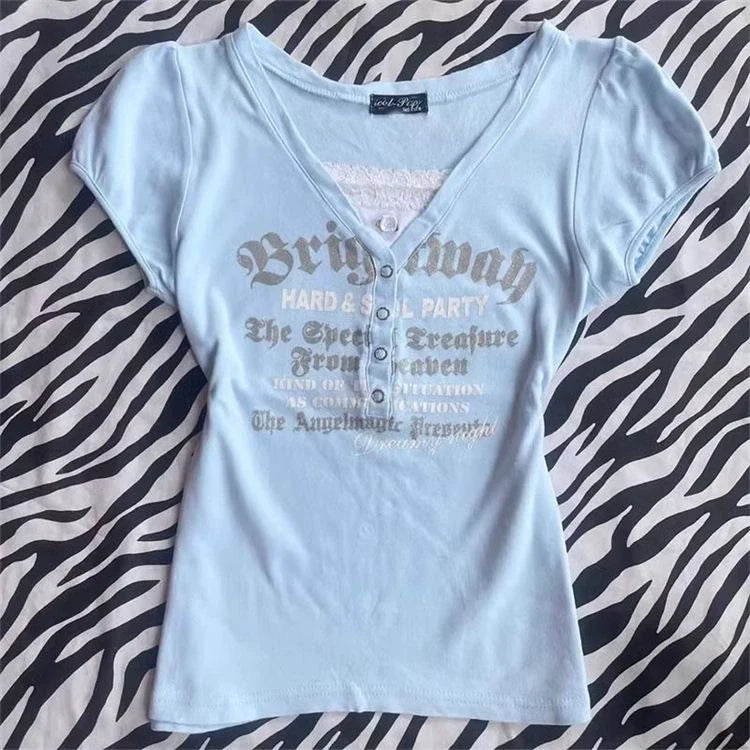 Blue American Vintage V-Neck Lace Letter Button Y2K T-Shirt
