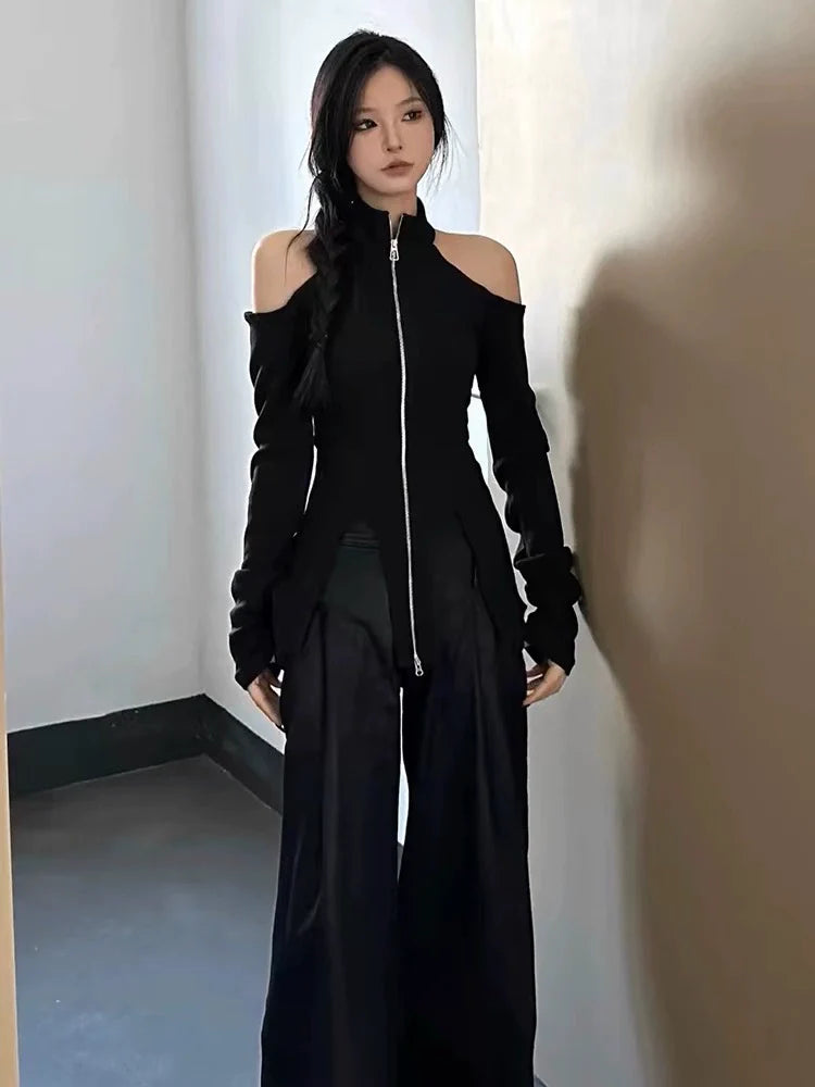 Black Y2K Halter Off-Shoulder Knit Cardigan