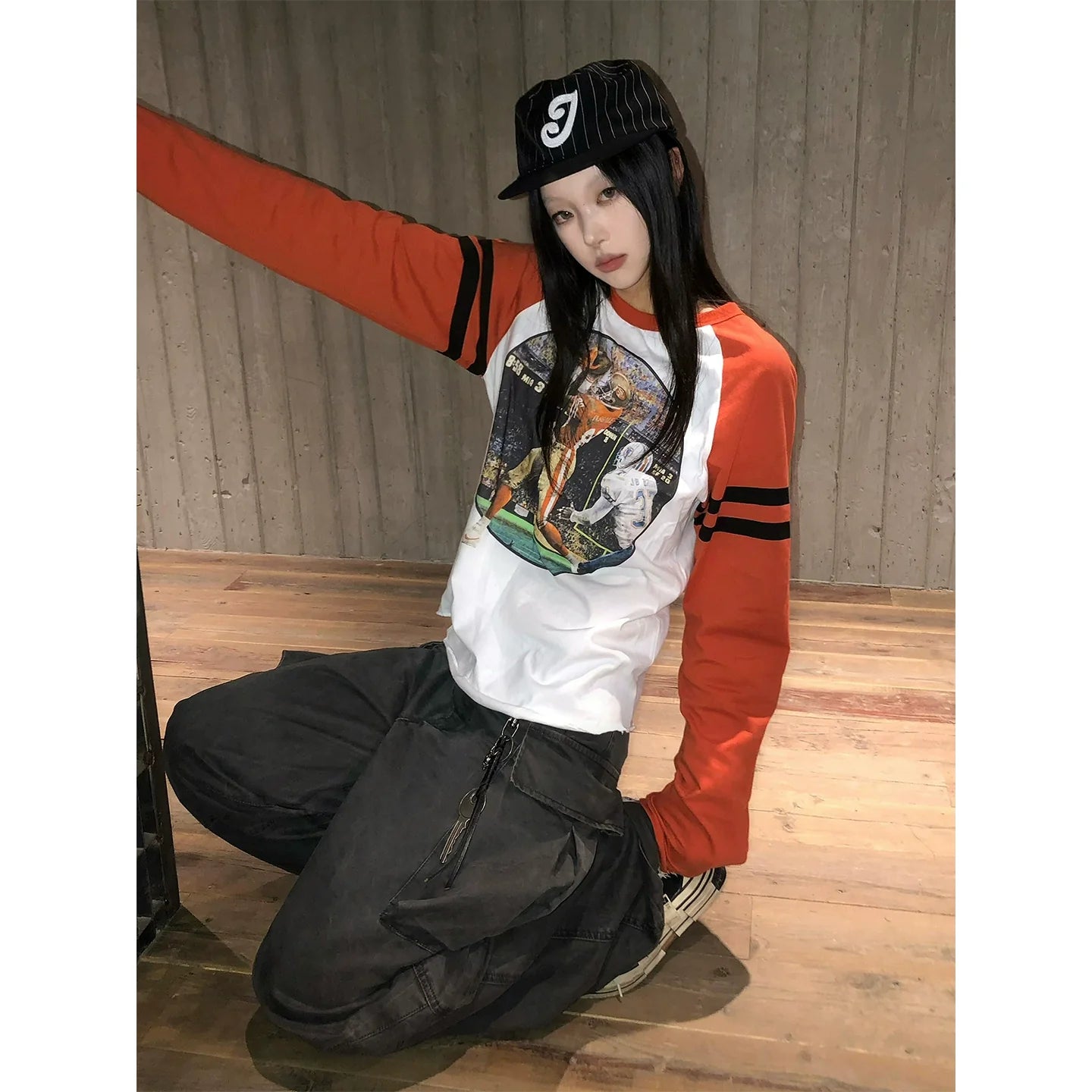 Retro White and Orange Color Block Raglan Long Sleeve Top