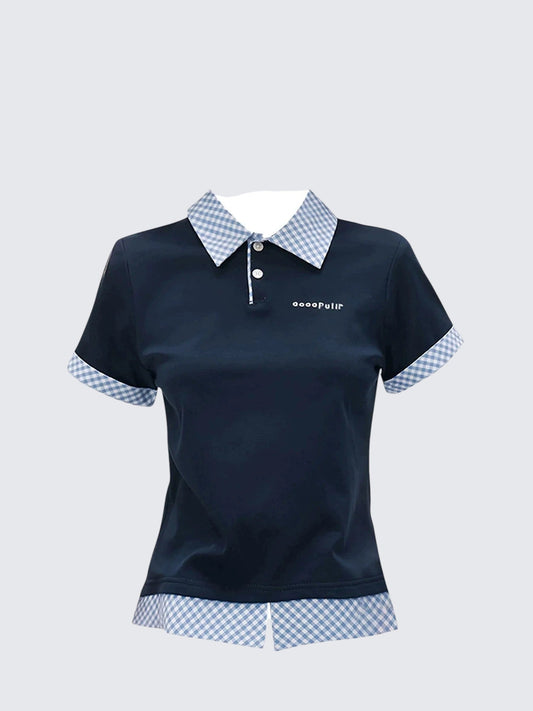 American Preppy Fake Two-Piece Checked Polo Tee