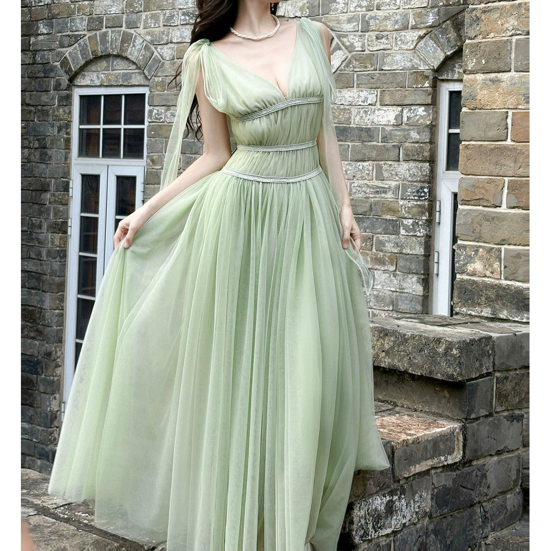 French V-Neck Green Chiffon Resort Gown Dress
