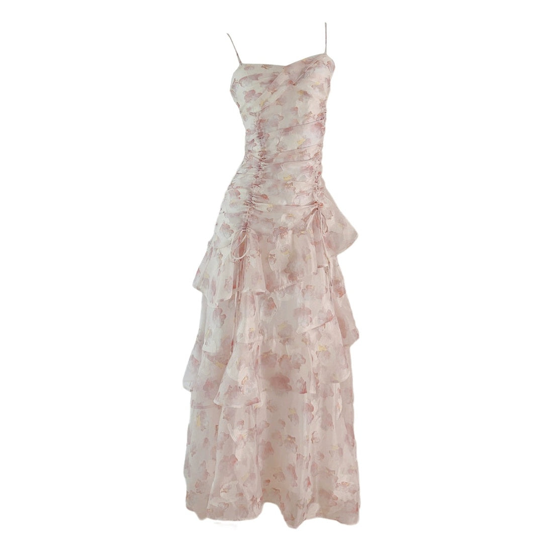 Pink Chiffon Floral Fitted Halter Gown Dress