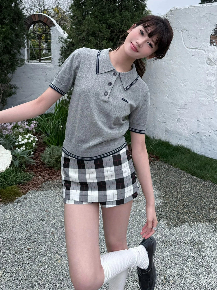 Gray Knitted Polo Tee Summer Short Sleeve Vintage Preppy Top Slim Fit