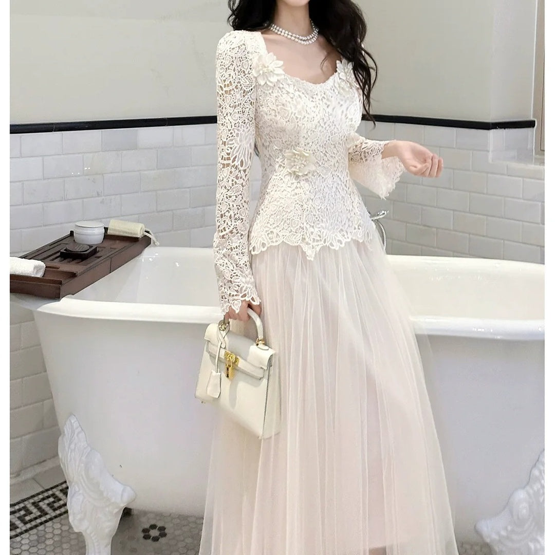 White Floral Lace Long Sleeve Gown Prom Dress