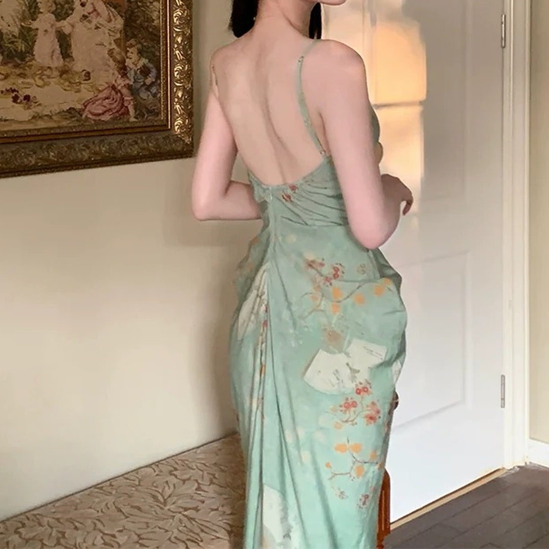 Modern Chinese Vintage Green Spaghetti Gown Dress