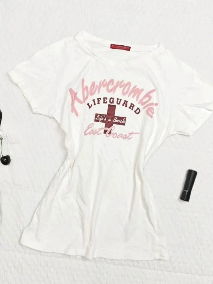 White Vintage Print Waist-Cinched Y2K T-Shirt