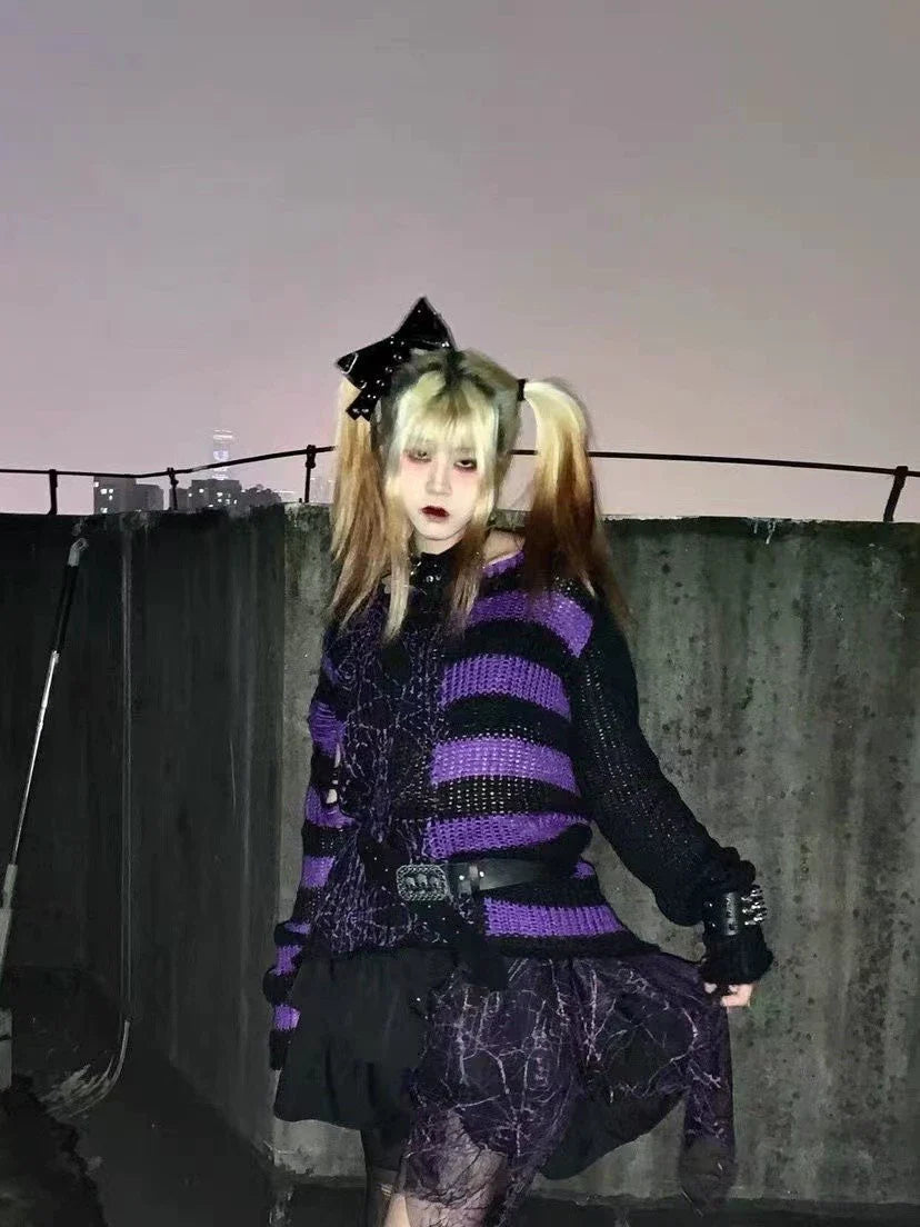 Black Purple Spider Web Y2K Punk Distressed Stripe Sweater
