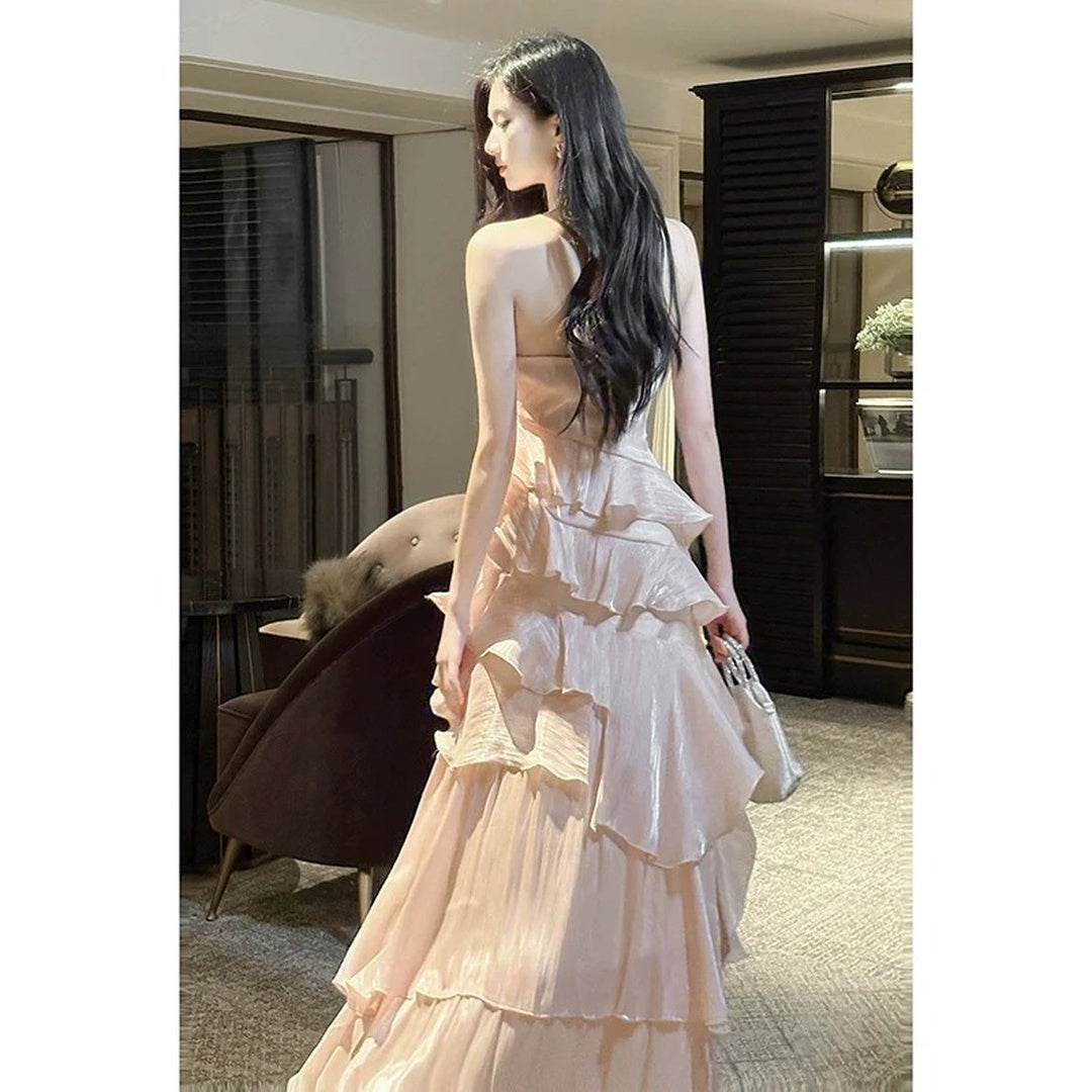 French Pink Halter Ruffle Gown Dress