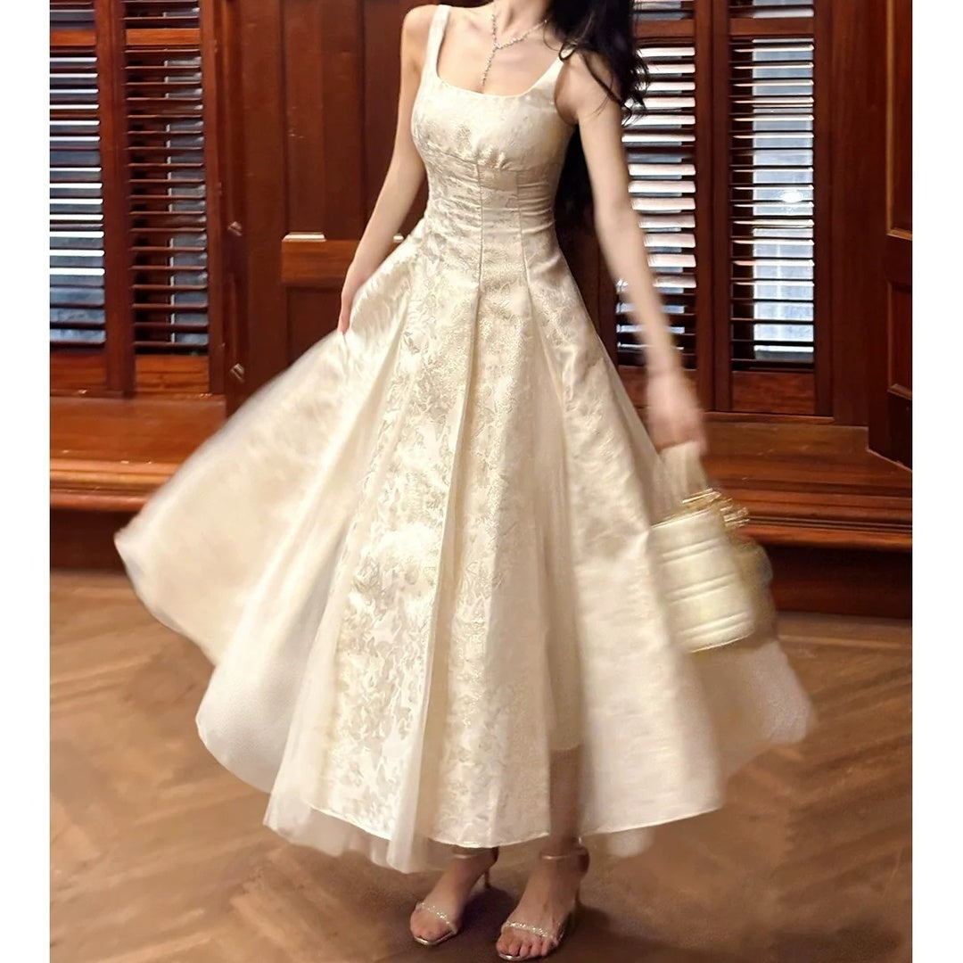 Floral Jacquard Mesh Tank Gown Prom Dress