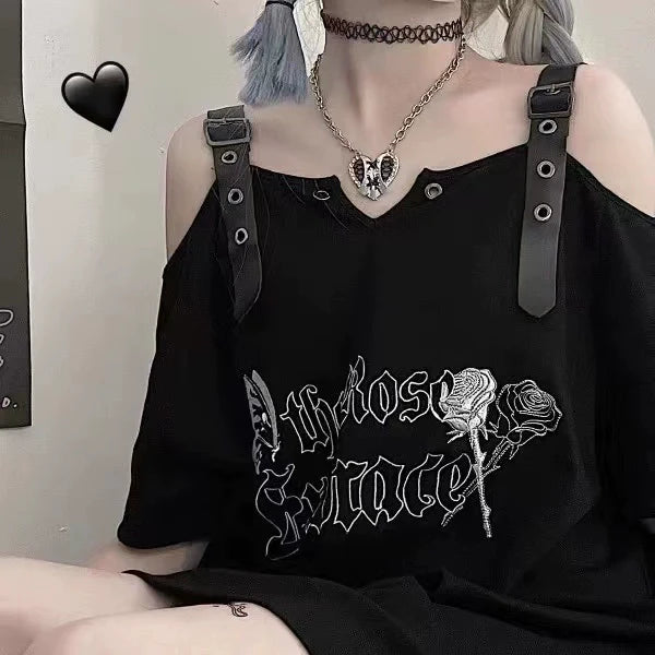 Black Misty Butterfly Print Off-The-Shoulder Mid-Length Oversized Y2K T-Shirt