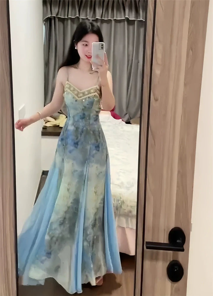 Blue Ombre Print Slip Dress with Lace Trim