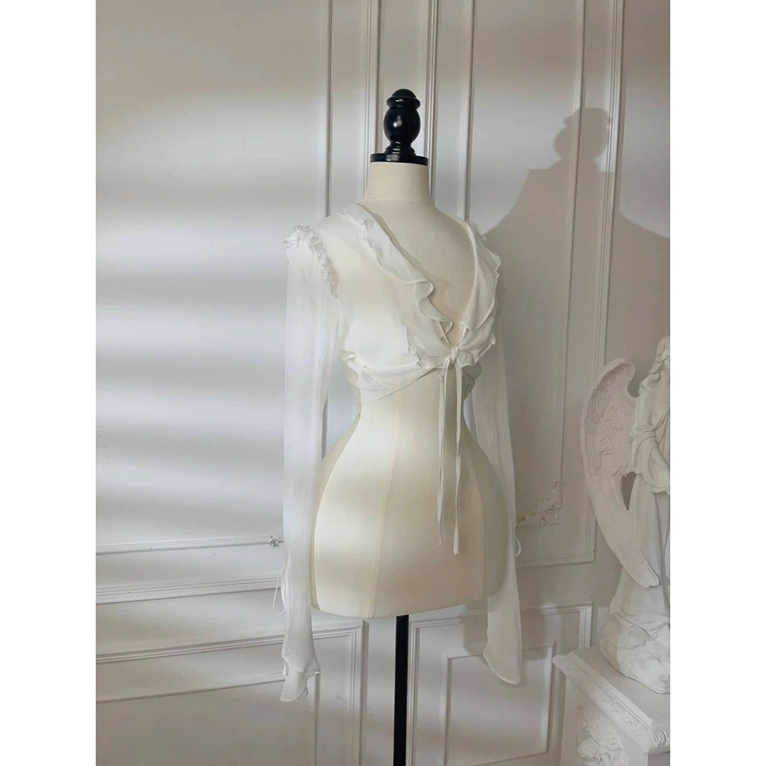 White Silk Summer Ruffle Cardigan – Lightweight Long Sleeve Top