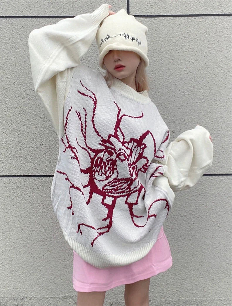 Apricot-White Y2K Punk Retro Jacquard Sweater