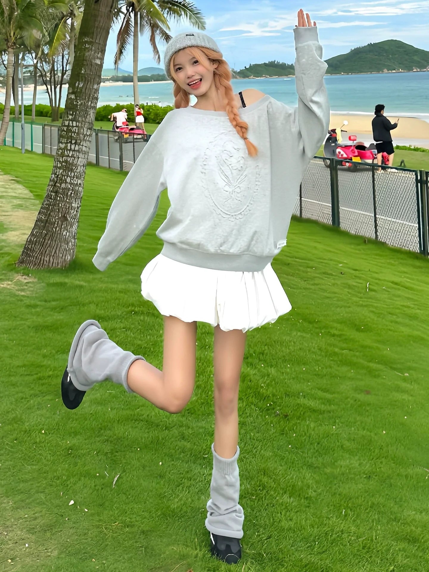 Retro Gray One Shoulder Embossed Bouquet Sweatshirt