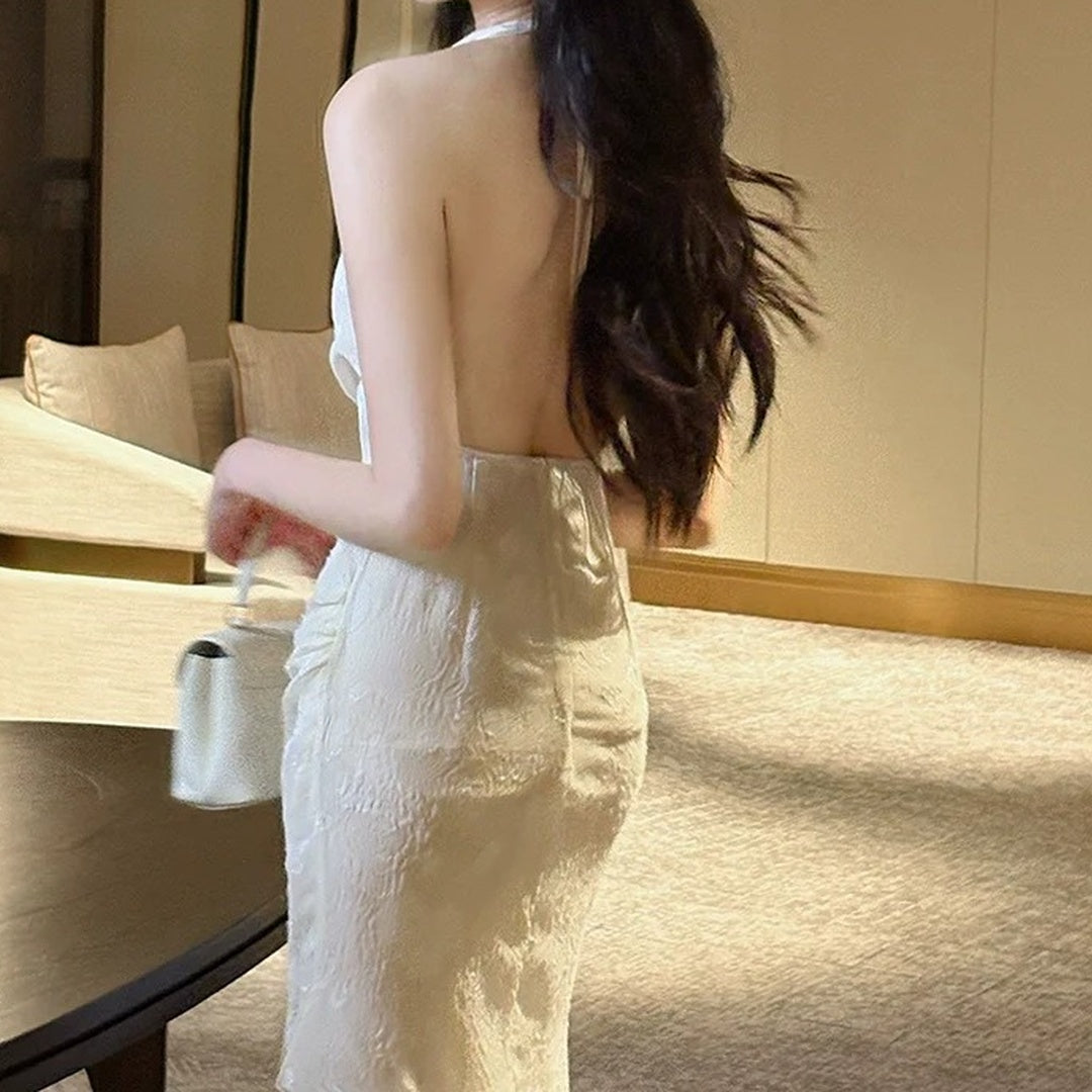 French Spaghetti Strap Draped Back Gown Dress