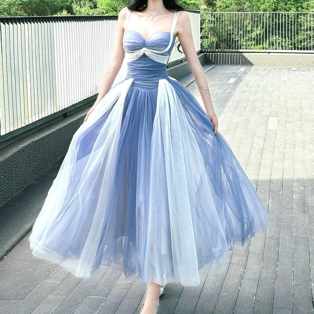 French Tulle Splice Spaghetti Strap Gown Dress – Colorblock Puff Skirt