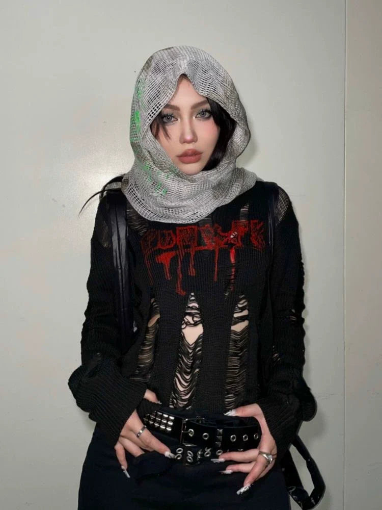 Black Subculture Gothic Rock Punk Y2K E-girl Abi Distressed Knit Long-Sleeve Top