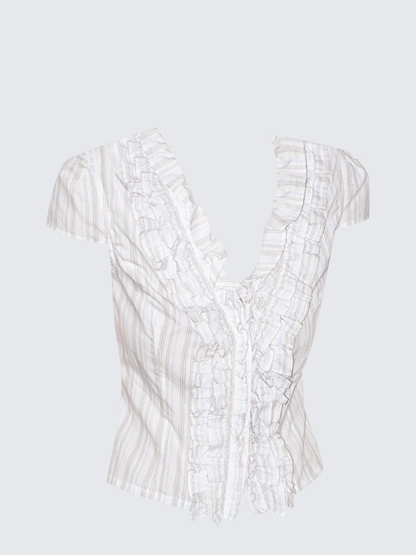 French Striped V-Neck Pleated Sleeve Shirt