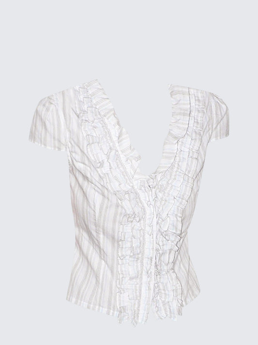 French Striped V-Neck Pleated Sleeve Shirt