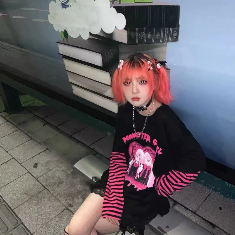 Black Subculture Punk Y2K E-girl Harajuku Manga Print Fake Two-Piece Oversized Top