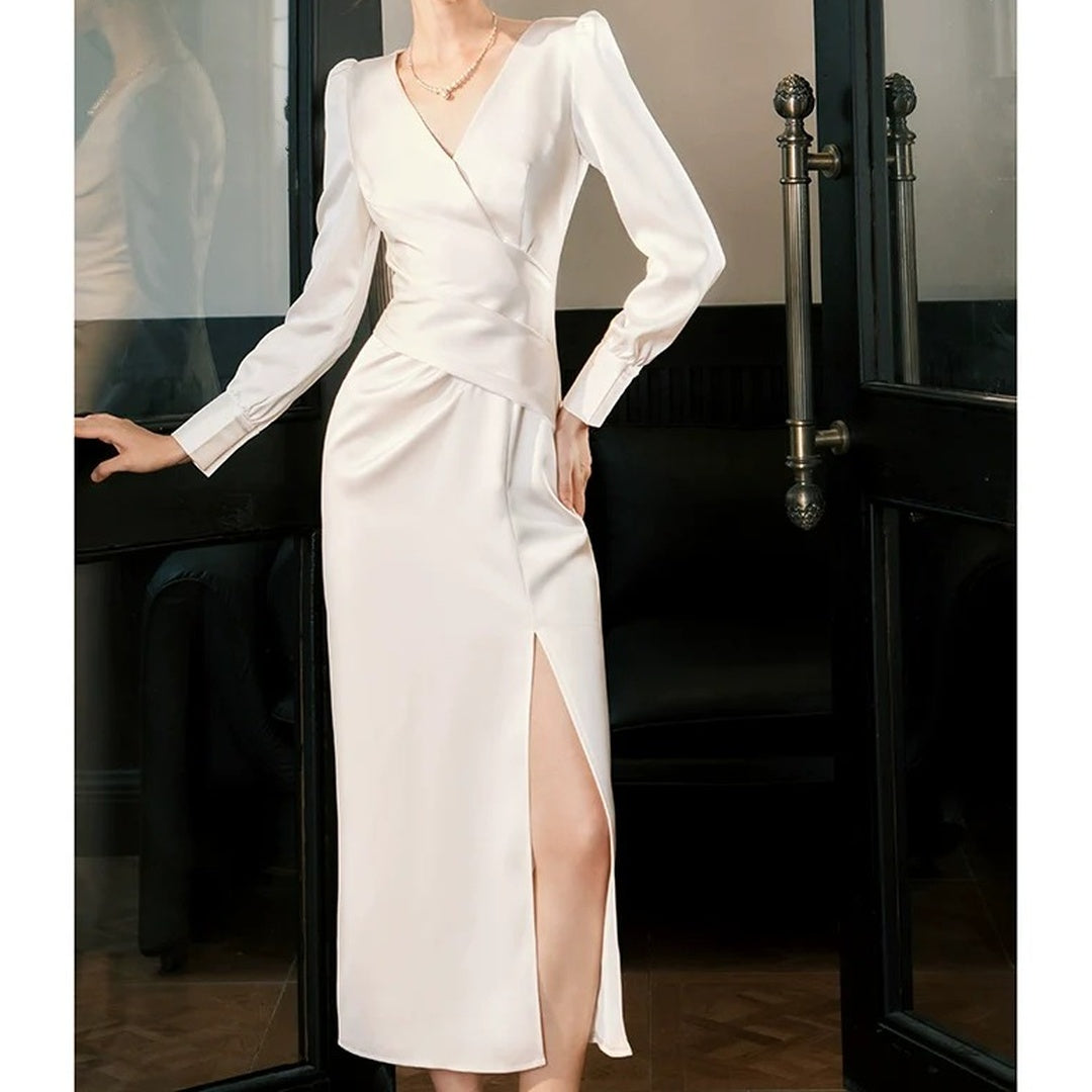 French Satin Long Sleeve Gown Dress