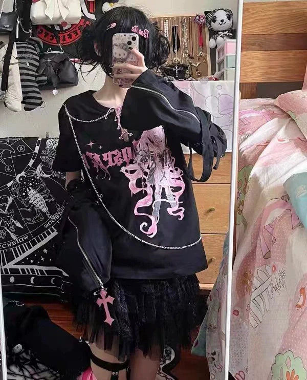 Black (With Chain Arm Sleeves) Subculture Punk Y2K E-girl  Removable Sleeve Fake Two-Piece Tie Top