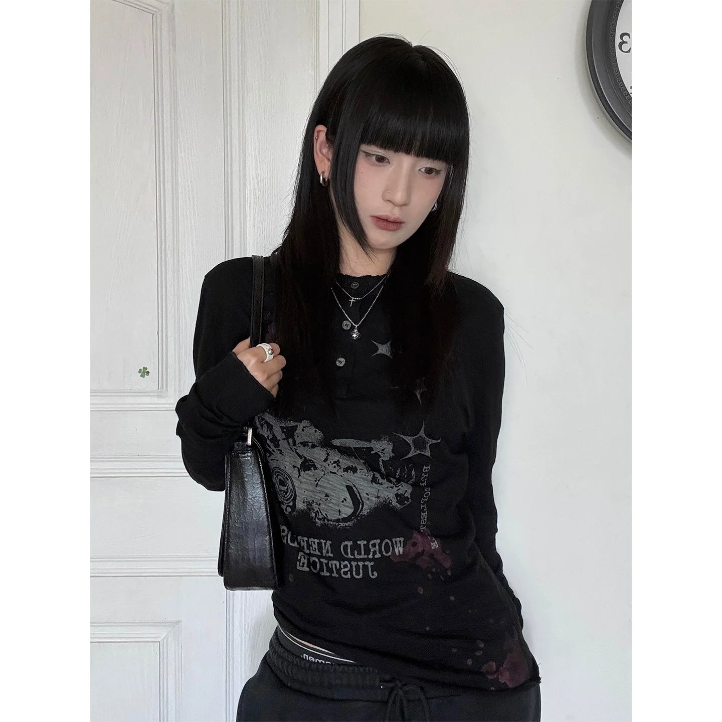 Visual Kei Black Henley Long Sleeve Tee Autumn Vintage Base Top Y2K Streetwear