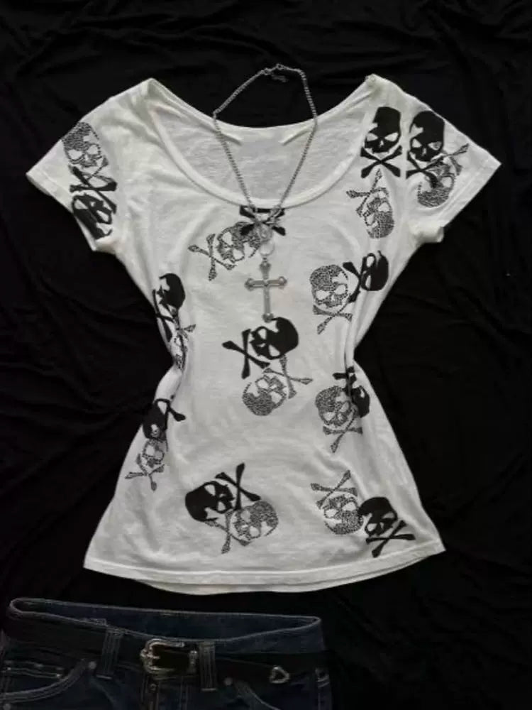 White Subculture Punk Y2K E-girl Abi American Retro Skull Print Short Sleeve Top (Style 2)
