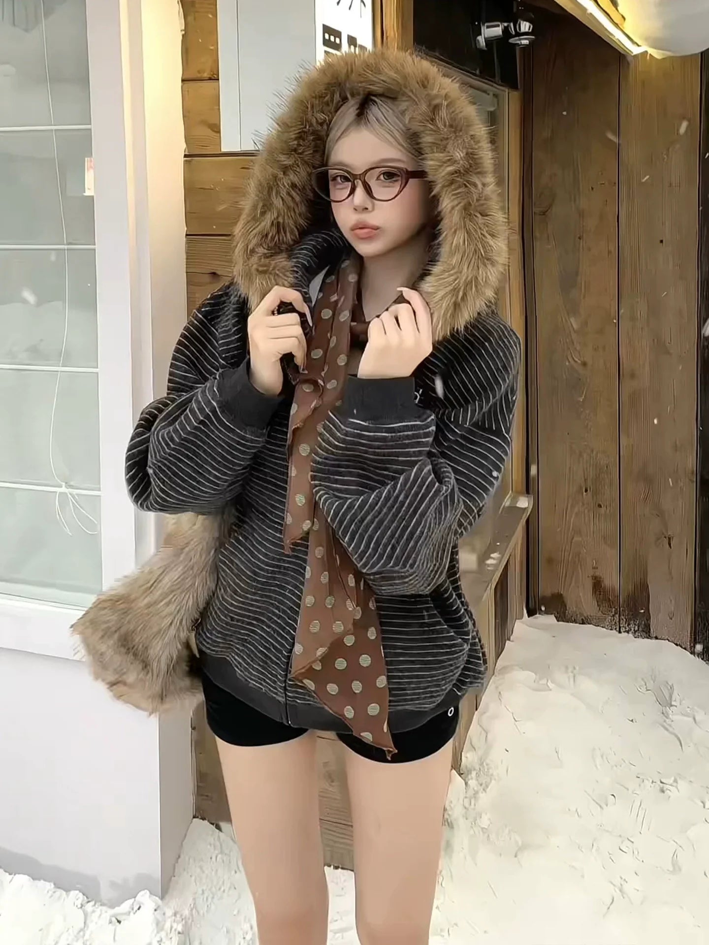 American Vintage Fur Collar Sweatshirt Jacket Heavy Fleece Striped Outerwear Warm Loose Top