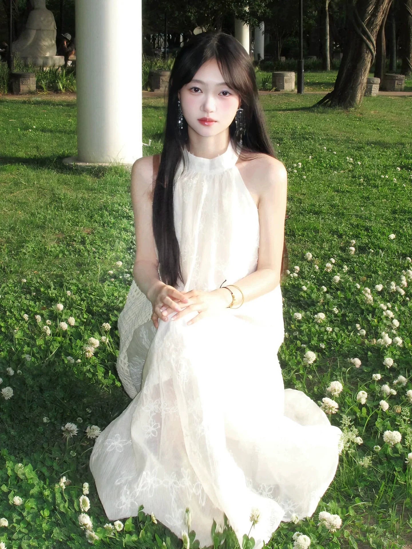 Soft Elegant Bow Halter Embroidered Maxidress