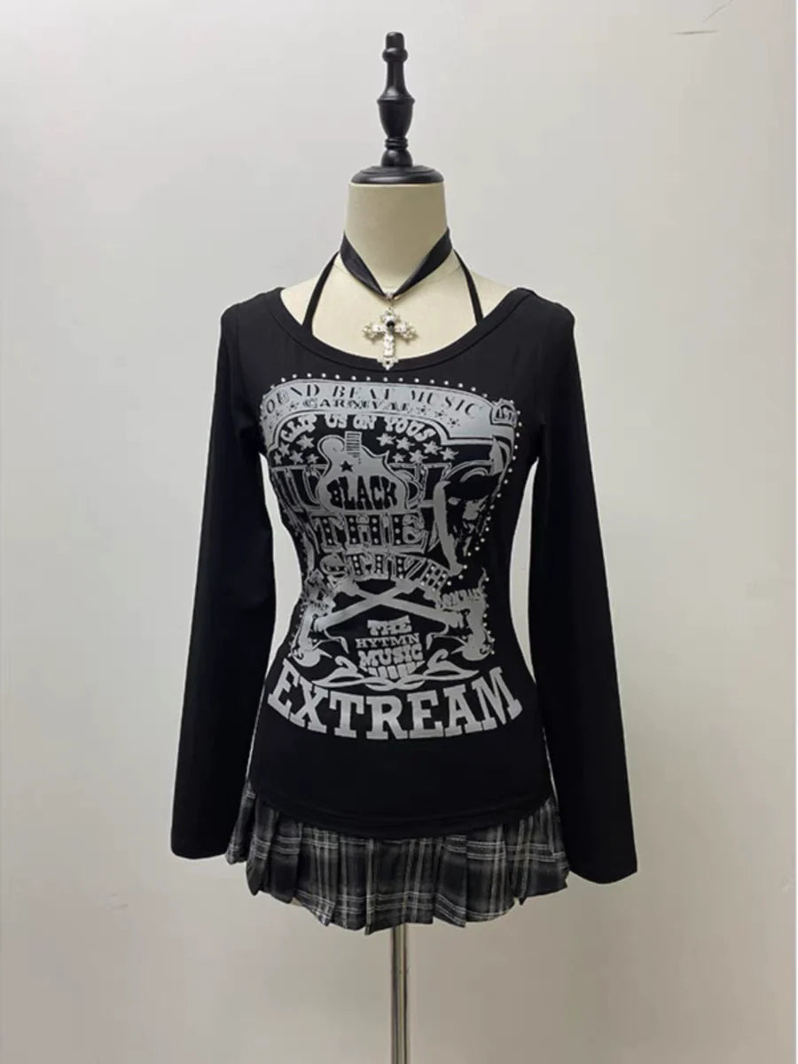 Black Gothic Vintage Print Designer Long Sleeve Y2K T-Shirt