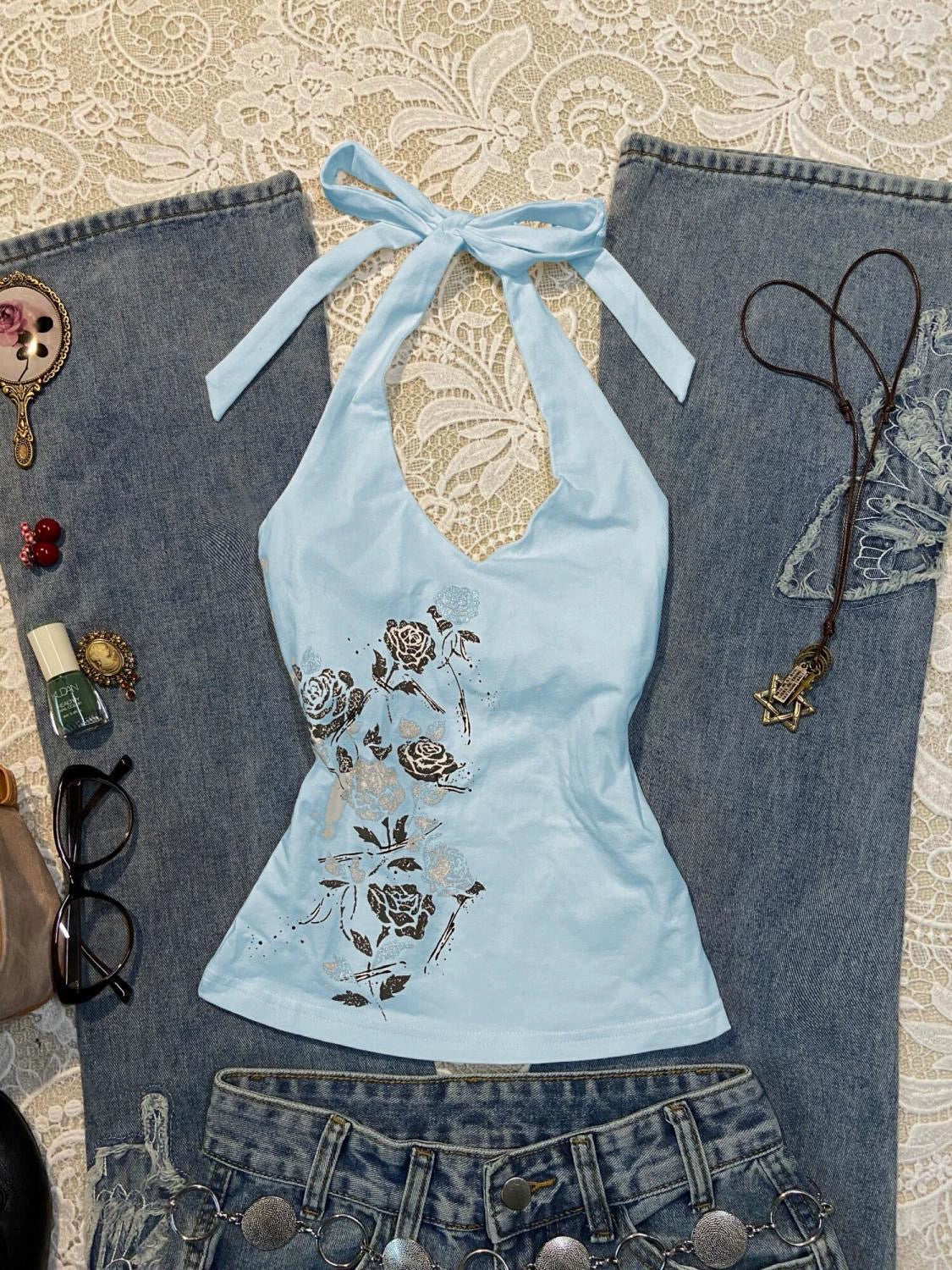 Blue American Vintage Rose Print Halter Y2K Tank Top