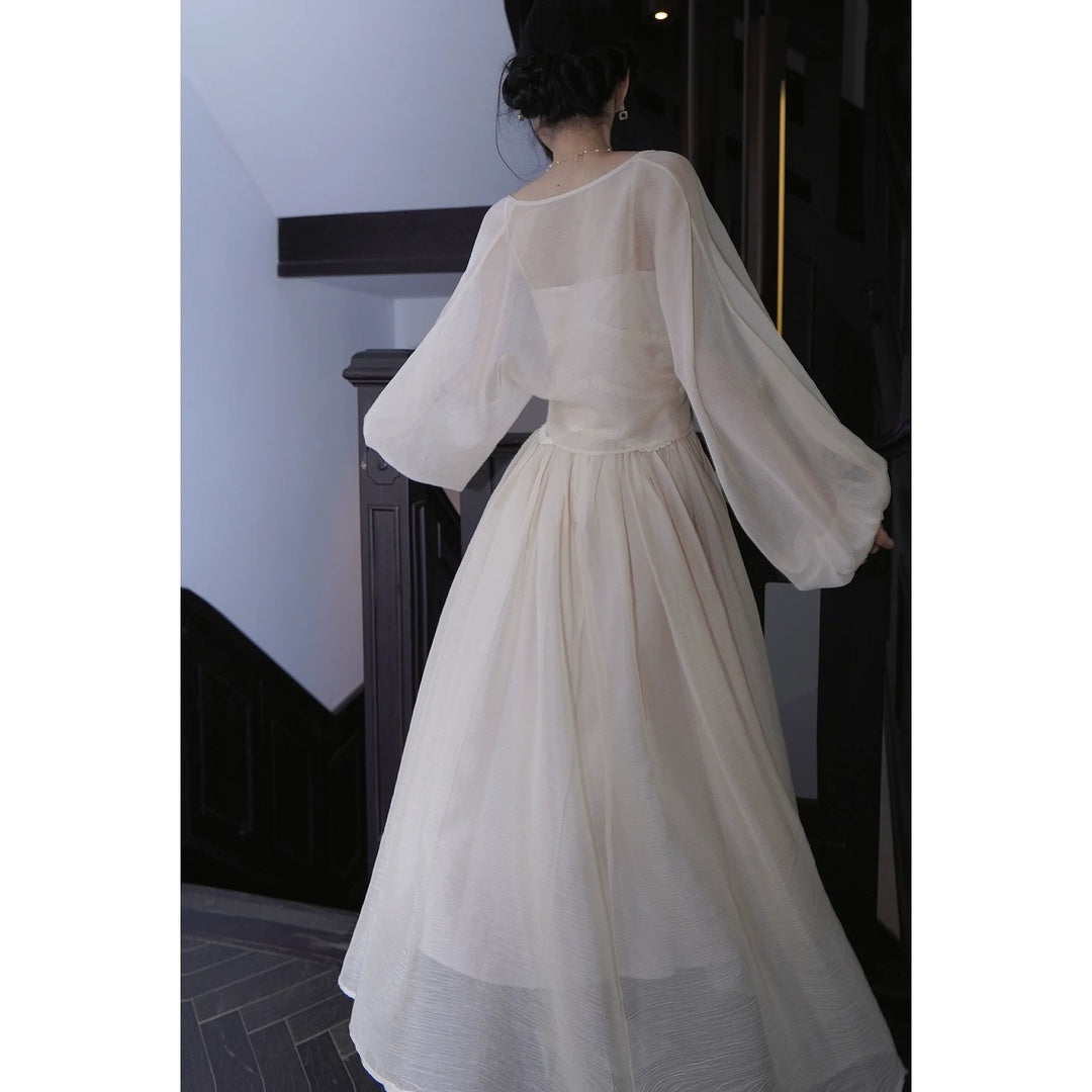 French Waist Spaghetti Strap Loose Chiffon Set Gown Dress