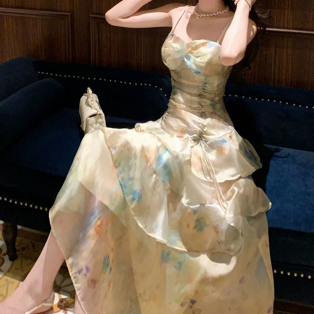 French Ombre Green Ruffle Halter Gown Dress