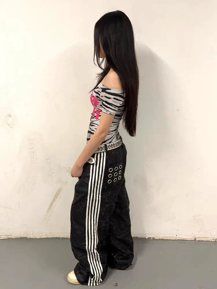 Zebra Stripe Subculture Y2K E-girl Shibuya Girl Abi American Retro Print Light Subculture Short Sleeve Top