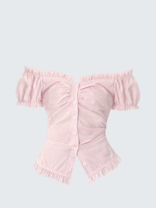 Pink Off Shoulder Puff Sleeve Shirt