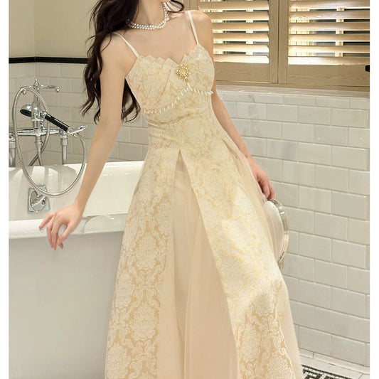 French Printed Spaghetti Strap Fitted Waist Gown Dress