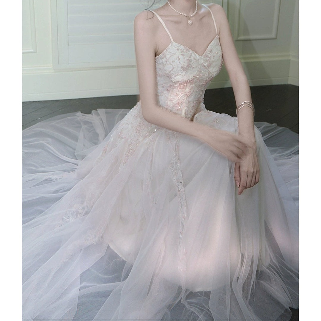 French Pink Chiffon Lace Gown Dress