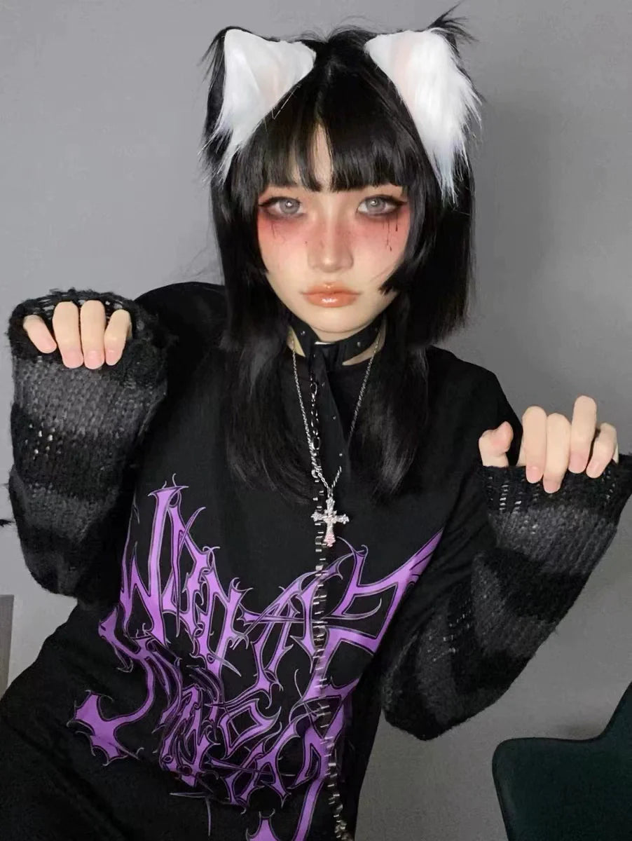 Black Subculture Dark Rock Punk Y2K E-girl Letter Print Niche Oversized Short Sleeve Top