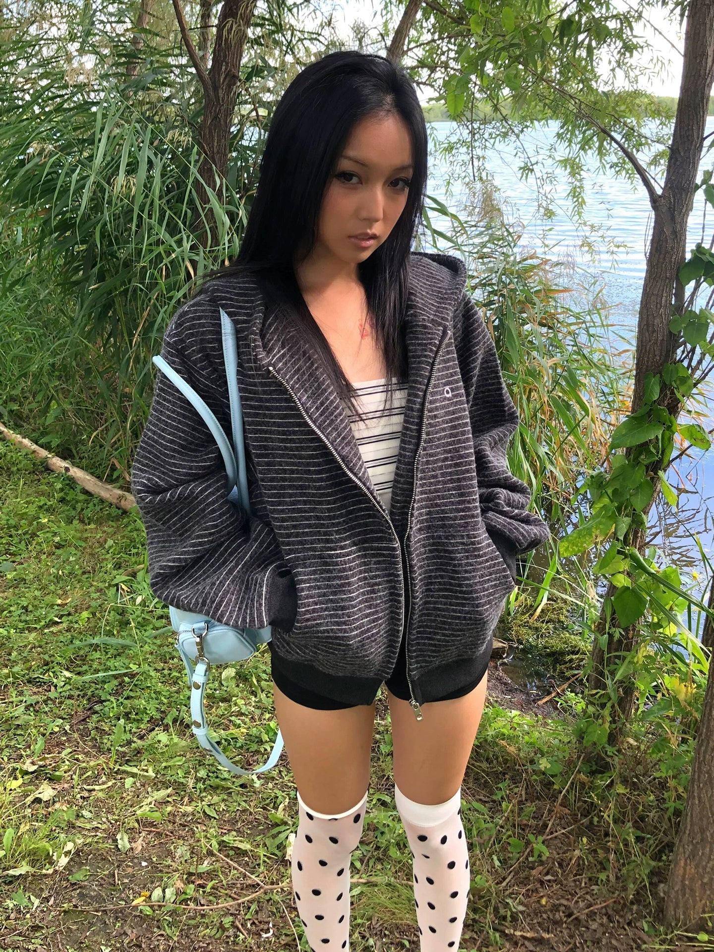 Retro Striped Zip Up Hoodie Wool Blend Oversized Top