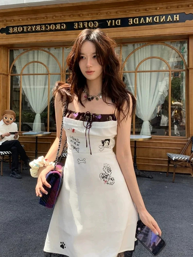 Fun Graffiti Print Lace-Paneled Halter Unique Design Summer Mini Dress